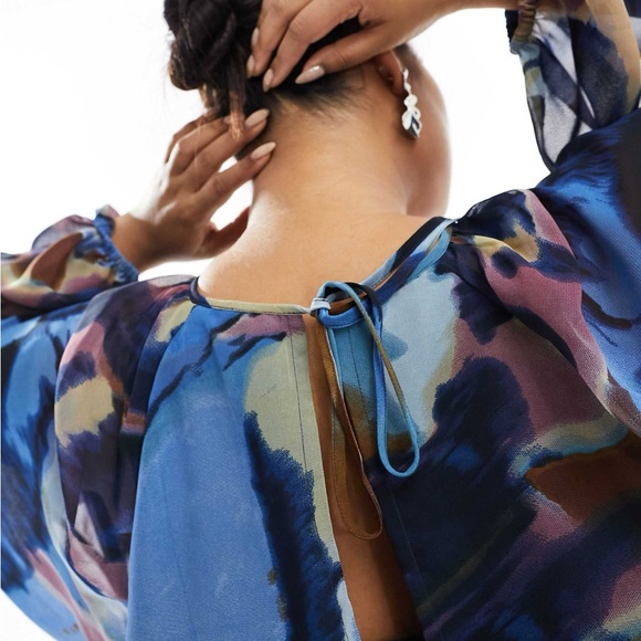 ASOS DESIGN Abstract Print Chiffon Maxi Dress Scallop Waist Balloon Sleeve US 10 - Picture 7 of 9